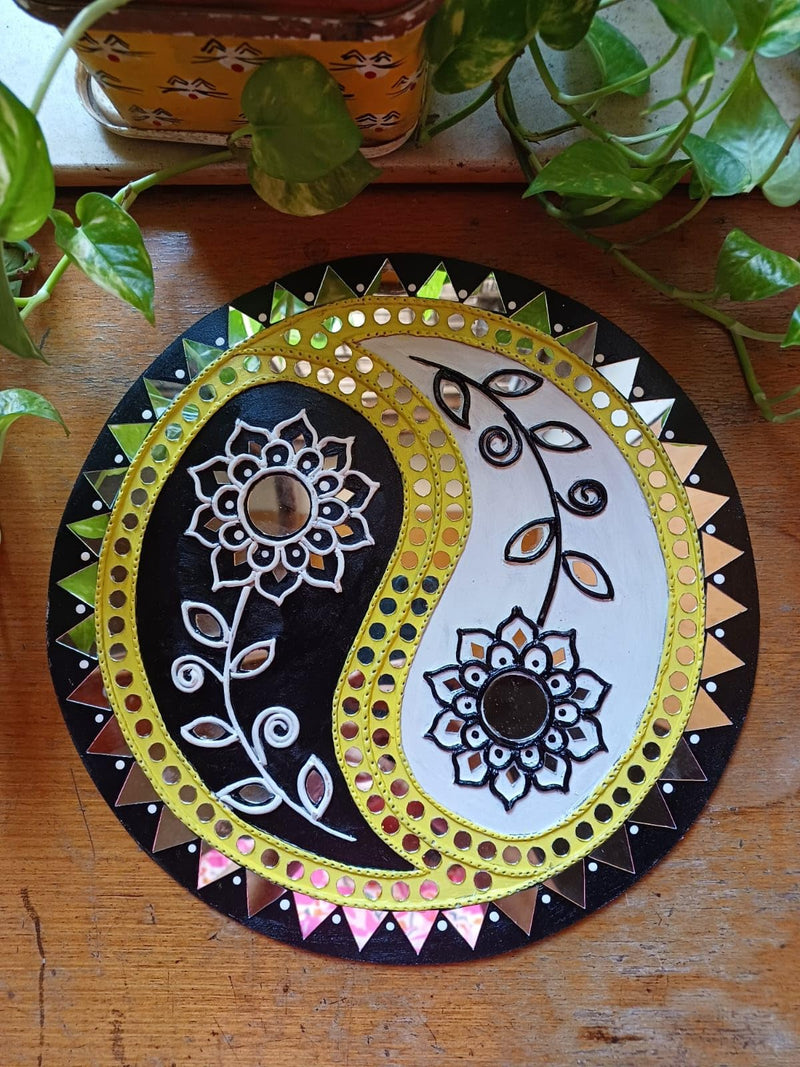 Decorative Item on MDF Board with Mouldit Clay, Acrylic Paint, Mirrors Wall Decor (Yin and Yang Symbol, 12 Inch)