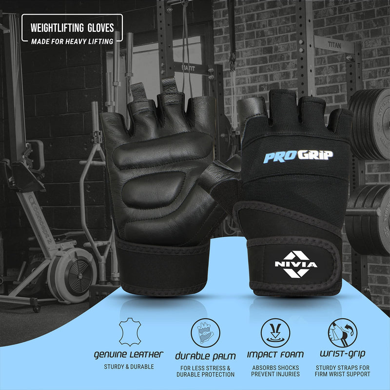 Nivia Pro Grip Genuine Leather Gloves,Gym Gloves for Men and Women Weightlifting Gloves,Stretch Fabric with Neoprene Strap, 1/2 Finger Durable Wight Lifting Gloves - Black(Large)