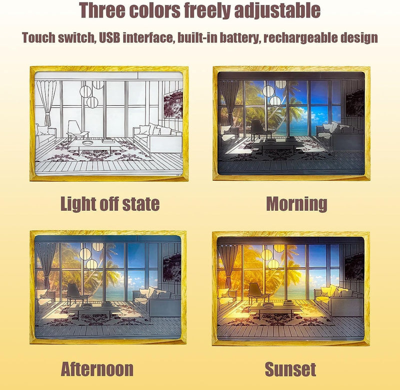 One94Store 3D LED Sunset Painting with Indoor Hall Design LED Light Photo Frame and Three Lighting Modes, Wall Art Decor, Bedside Lamp, Perfect for Living Room, Bedroom