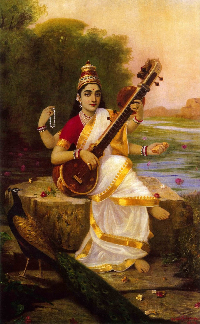 SCPmarts Raja Ravi Varma Unframed Canvas Prints Canvas Art Print Goddess Saraswathi Painting (Multicolour, 24x16 Inch).