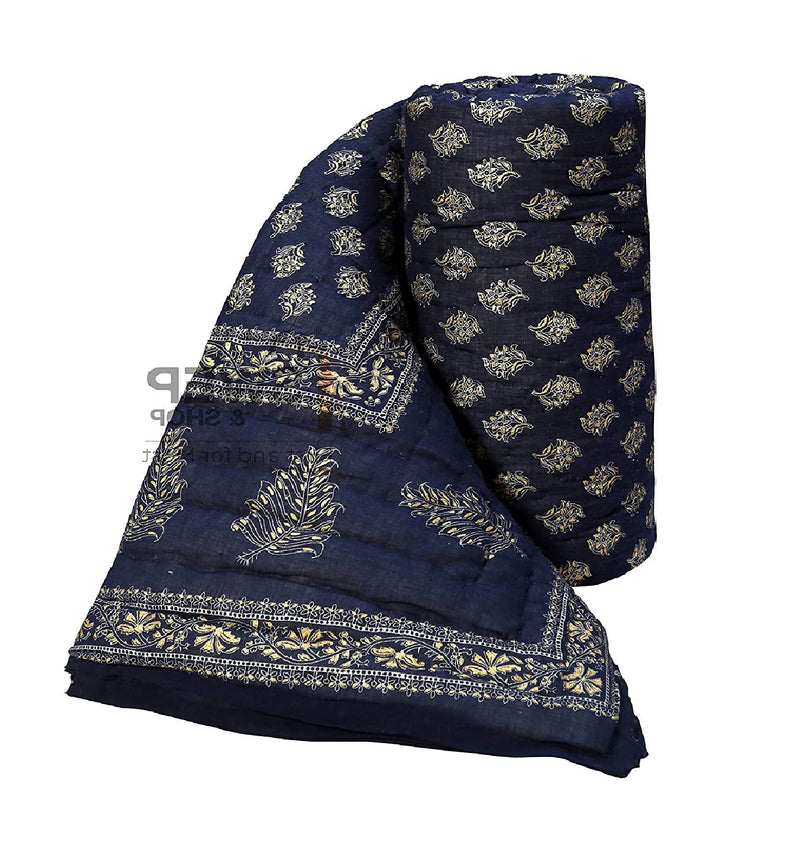 Namaste India Gold Print Jaipuri Light Weight Cotton Rajai,Razai- Dark Blue| Single Bed Quilt