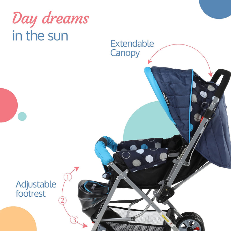 LuvLap Sunshine Baby Stroller / Pram for 0 to 3 Years, New Born / Toddler / Kid, 5 Point Safety Harness, Adjustable backrest, 360° Swivel Wheel, Large storage basket, Reversible Handlebar (Blue)