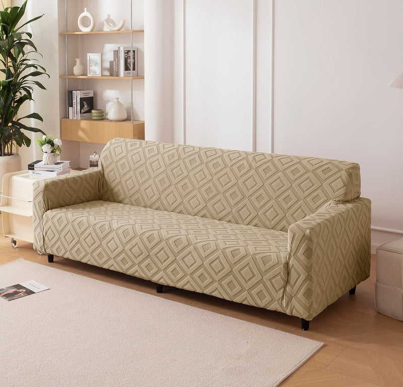 House of Quirk Universal Triple Seater Jacquard Fabric Diamond Texture Sofa Cover 220 GSM Soft Touching Cover for Couch Flexible Stretch Sofa Slipcover (Camel, 185-230CM)
