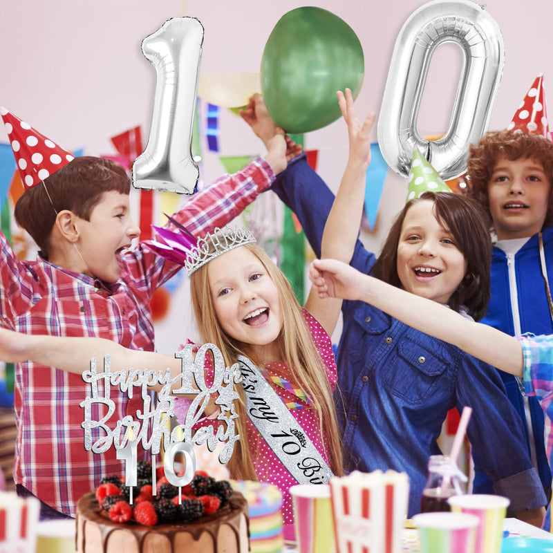 10th Birthday Decorations for Girl with 10th Birthday Sash and Tiara, 10th Birthday Cake Topper, Number 10 Candles, and 10 Number Balloons, 10 Birthday Party Decorations Gifts Silver