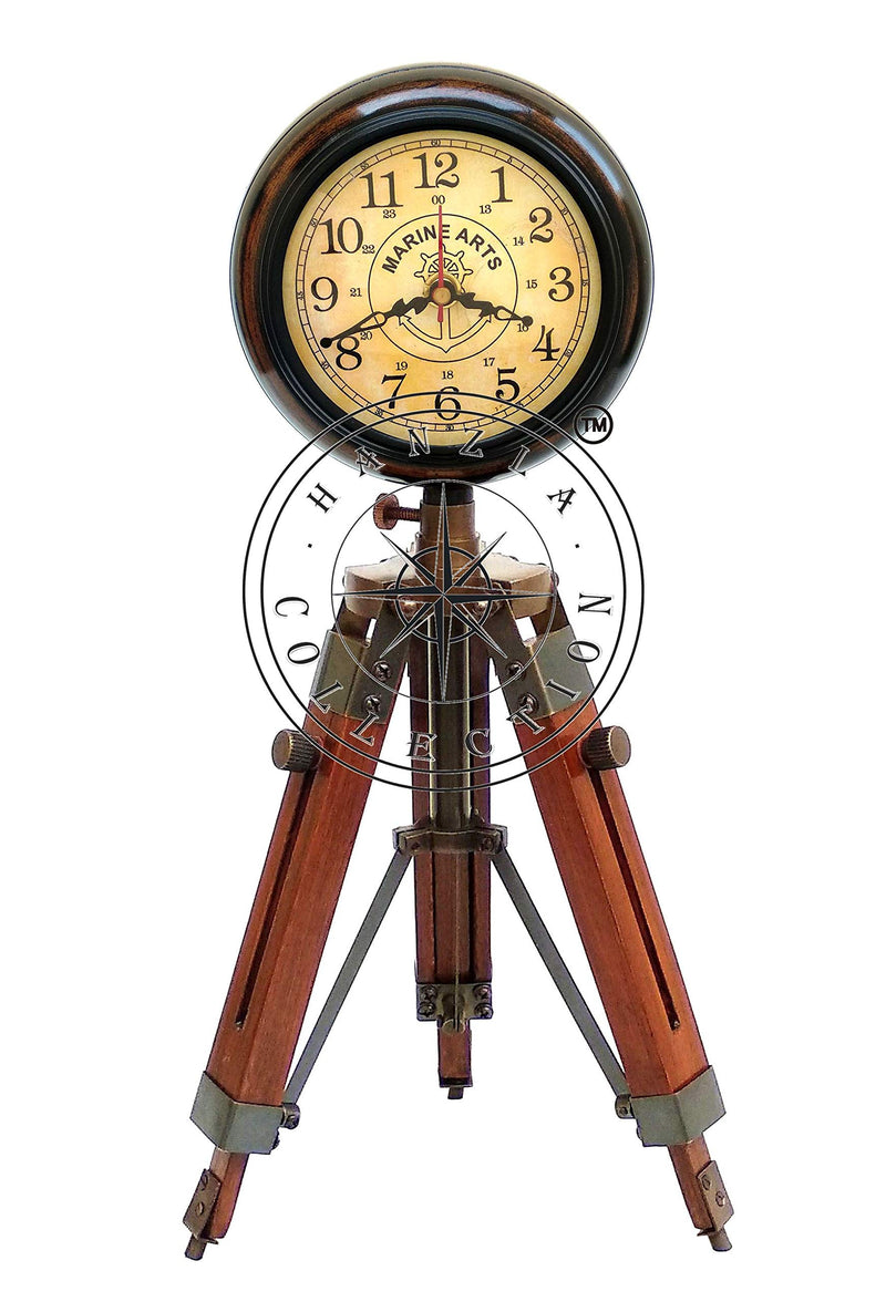 Hanzla Collection 18" Antique Brass Wooden Desk Clock Adjustable Tripod Stand Nautical Marine Arts