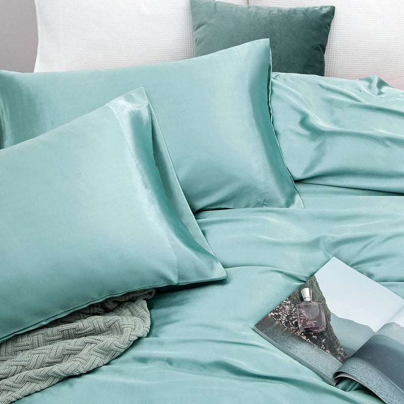 Vonty Satin Sheets King Size Silky Soft Satin Bed Sheets Aqua Satin Sheet Set, 1 Deep Pocket + Fitted Sheet + Flat Sheet + 2 Pillowcases