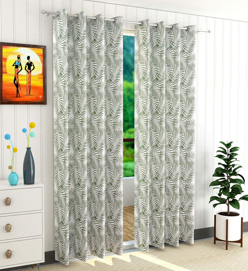 Purav Light Cotton Floral Grommet Window Curtain, Window 5 Feet, Green, Pack of 2