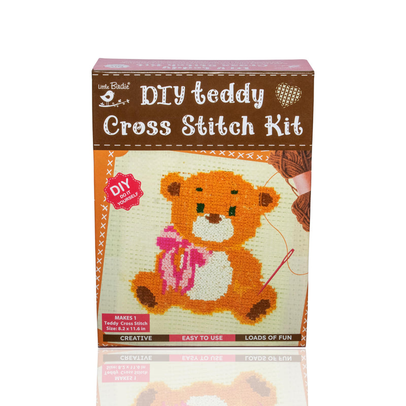 Little Birdie DIY Cross Stitch Kit Teddy Pattern Kit | Learning and Hobby Kit | Embroidary Craft Activity Kit for Kids, Adults and Beginners