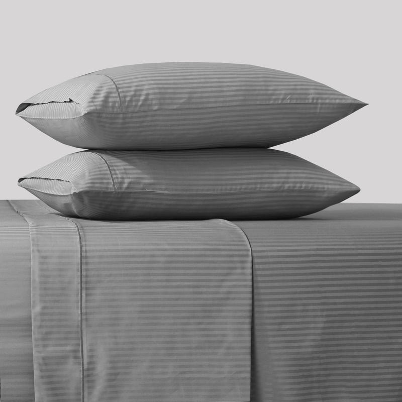 Feather & Stitch 500 Thread Count 100% Cotton Stripe Sheets + 2 Pillowcases, Soft Sateen Weave, Deep Pocket, Hotel Collection, Luxury Bedding Set (Grey, California King)