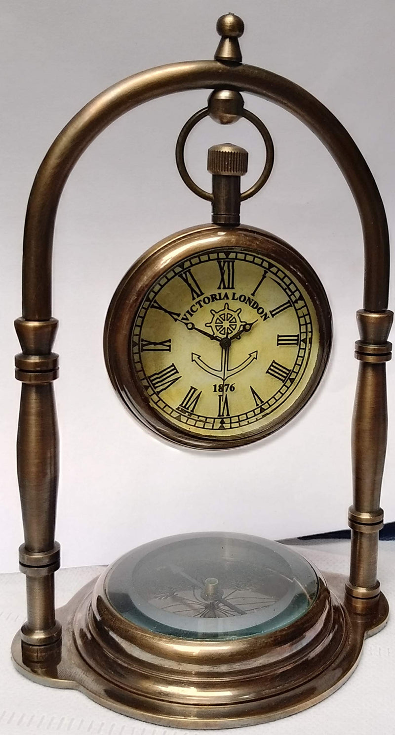 Antiques Era Brass Nautical Victoria Antique, Desk Clock/Table Clock, with Direction Compass (Brown Antique Finish)