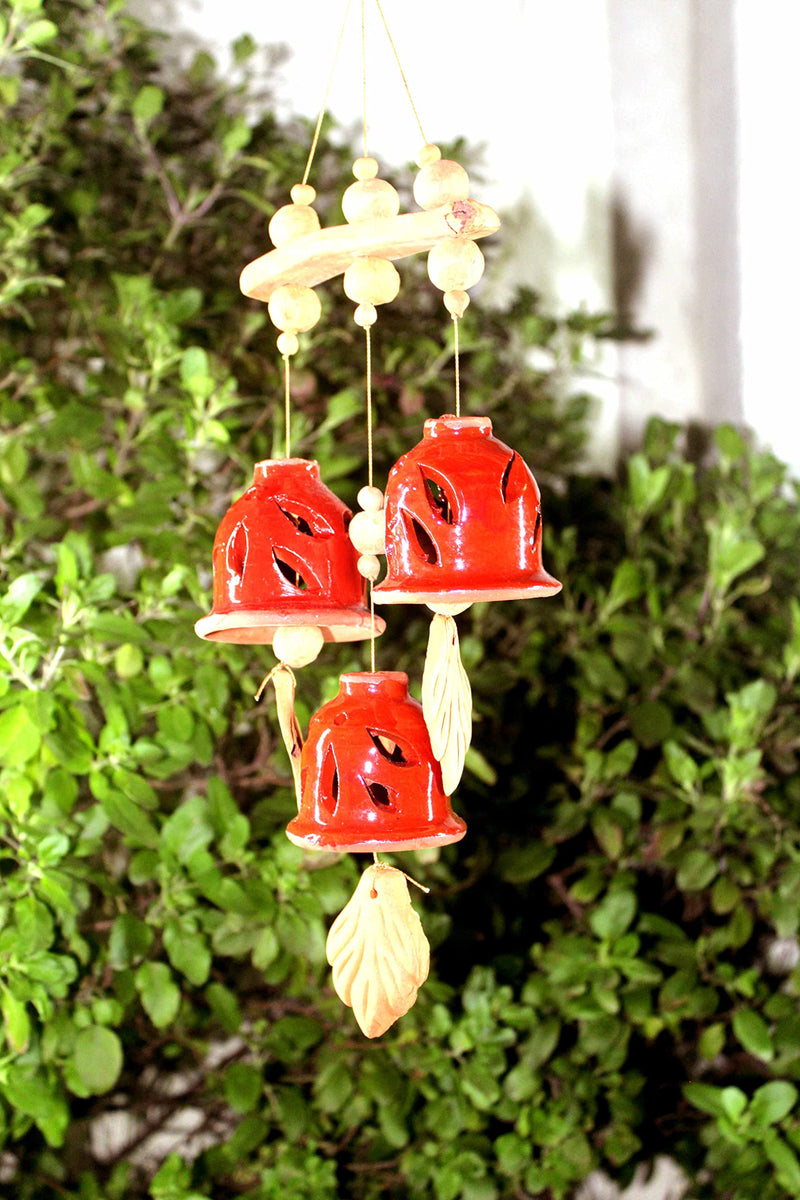 SULFAX Present A Terracotta Ceramic Coated Red Wind Chimes with (Three Bells) of Straight Design Handmade Craft with Melodious Sound Bells.( Size :- 36 cm Long )