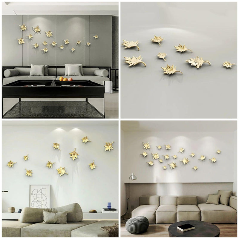 ZOVE Metal Mapple Leaf Set Of 10 Wall Art Perfect For Home, Hotel, Restaurant, Living Room Decoration (Electroplating Gold)