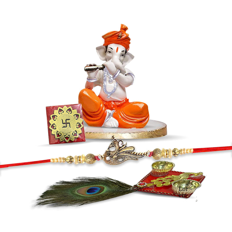 Xtore Rakhi with Ganesha Idol Combo Set | Ganesha Idol Figurine | 1 Ganesha Idol, 1 Rakhi, 1 Swastik, 1 Thali (Pack of 4, Multi)