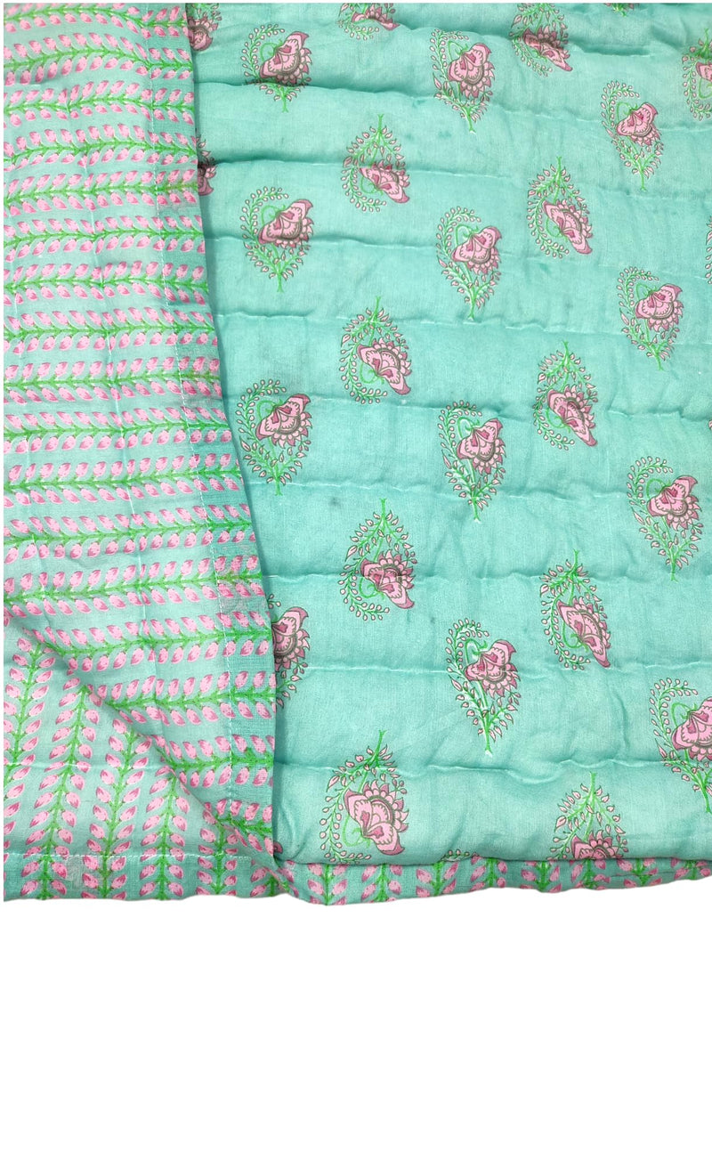 Gnudi Reversible Jaipuri razai for Winter Double Bed/Pure Cotton Jaipuri razai Double Bed/Jaipuri razai Double Bed for mild Winter, 85x100 inch (Sea Green)