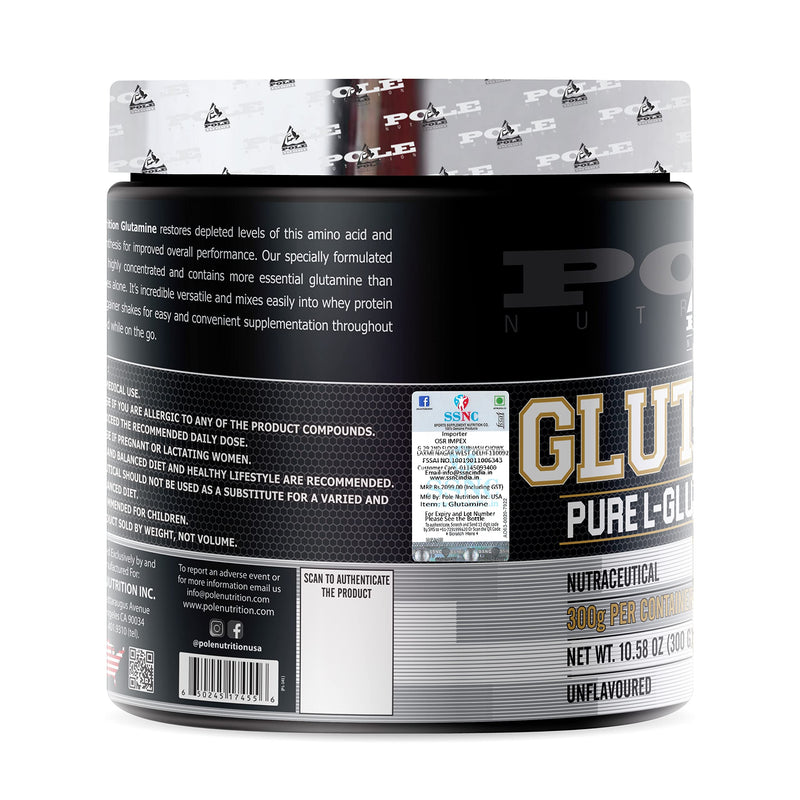 Pole Nutrition Pure L-Glutamine Powder - 300g Unflavored | Supports Muscle Tissue | Gluten-Free | Essential Amino Acid for Optimal Recovery