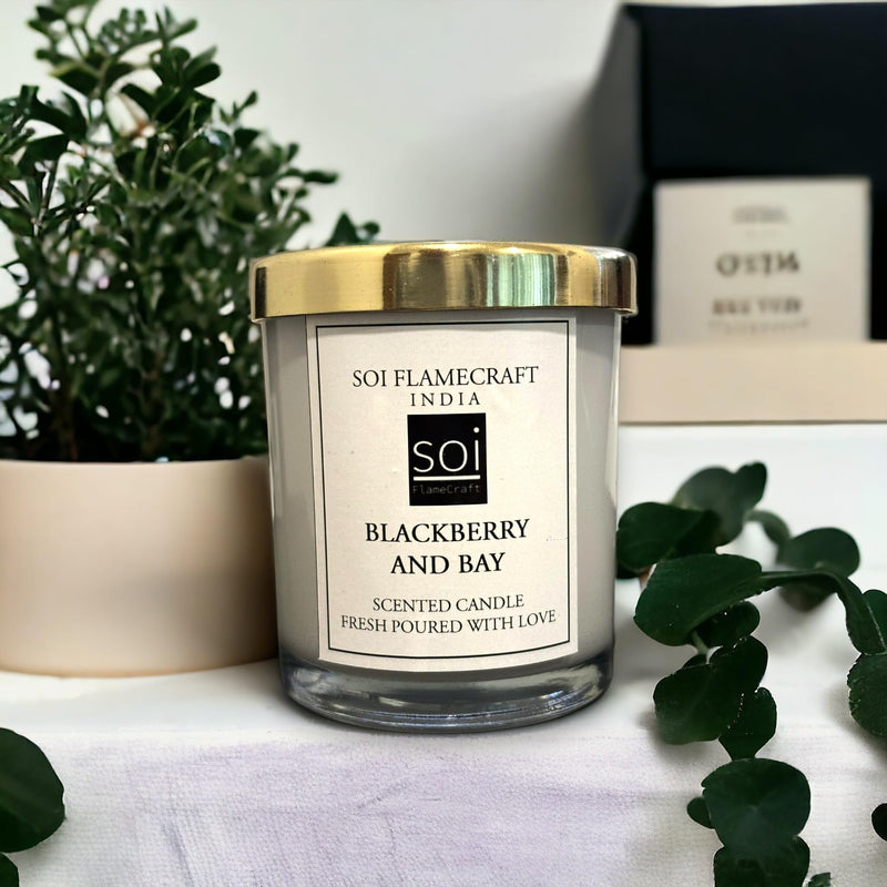 Soi Flamecraft Glass Jar with Metallic Lid Scented Candle| BlackBerry & Bay Fragrance | White Jar Soy Wax Candle | 45 hrs Long-Lasting Aroma | Ideal for Home Decor and Gifting