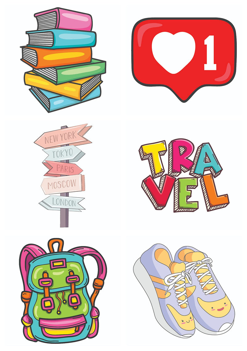 Bhai Please Books, Insta Love, Travel Board Outside, Travel, Travel Backpack and Shoe Couple Wooden Fridge Magnet (Pack of 6 pcs, one pc Each Design)