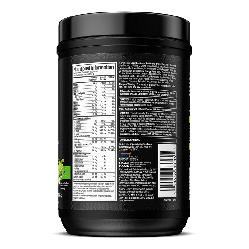 MuscleTech Eaa + Energy | Essential Amino Acids + 100Mg Caffeine | Replenish Electrolytes | Ultimate Recovery 7.4 G Eaa | 4.5G Bcaa | 3G Leucine | 30 Servings | Sour Apple, Powder