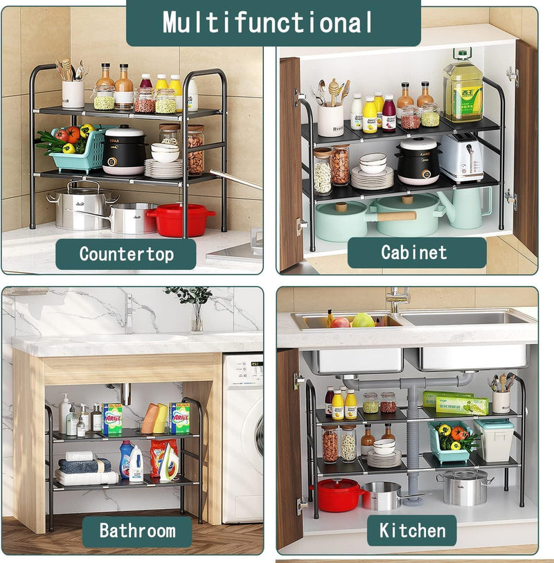 PESOMA Under Sink Organizers,Expandable Cabinet Shelf Organizer 2 Tier Under Storage Rack with Removable Panels,Multi-Use for Under Kitchen Bathroom Sink Organizers and Storage (Grey)