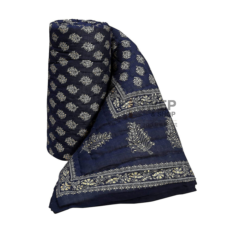 Hopee Shop- Rajasthani Traditional Lightweight Pure Cotton Jaipuri Razai Single Bed Soft Floral Print Jaipuri Cotton Rajai/AC Quilts - Blue (55X85 INCHES)