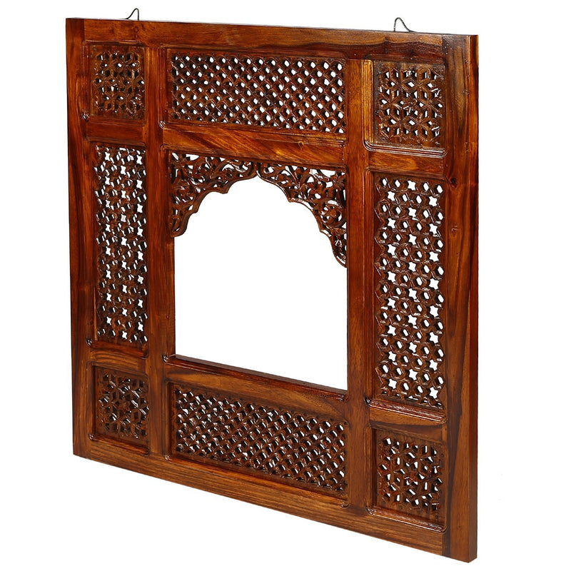 Aarsun Handmade Wooden Jharokha Wall Hanging Mirror Frame- Brown, square, framed