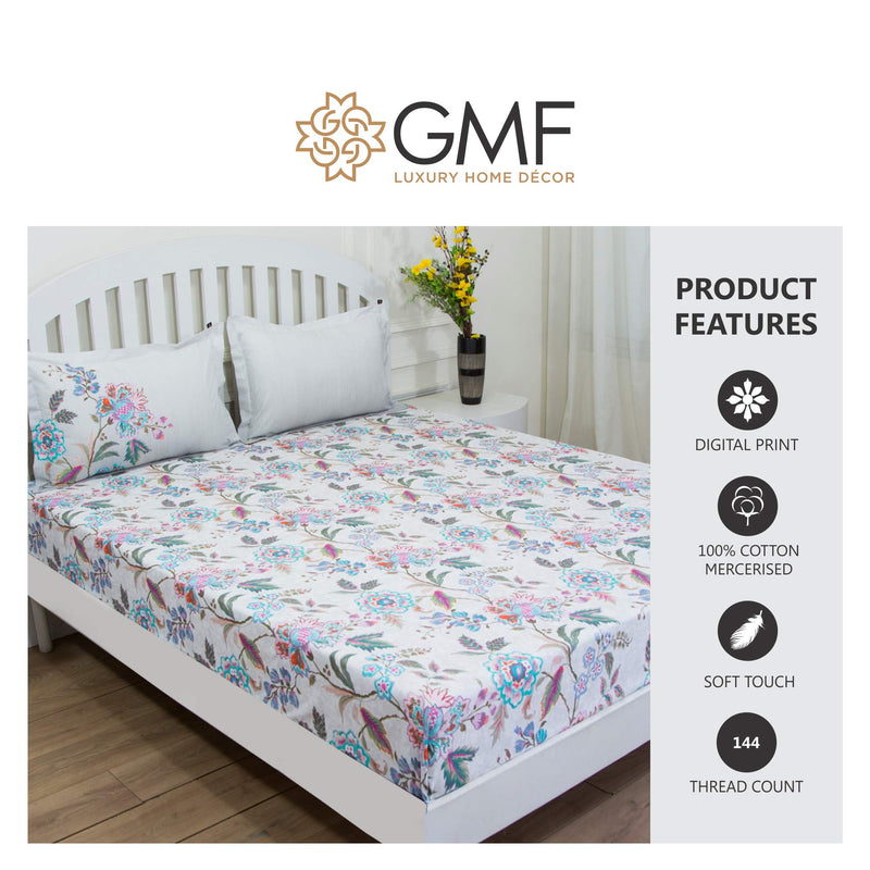 GM Floral 144 TC Multi Color Printed Cotton Bedsheet with 2 Pillow Covers -Queen