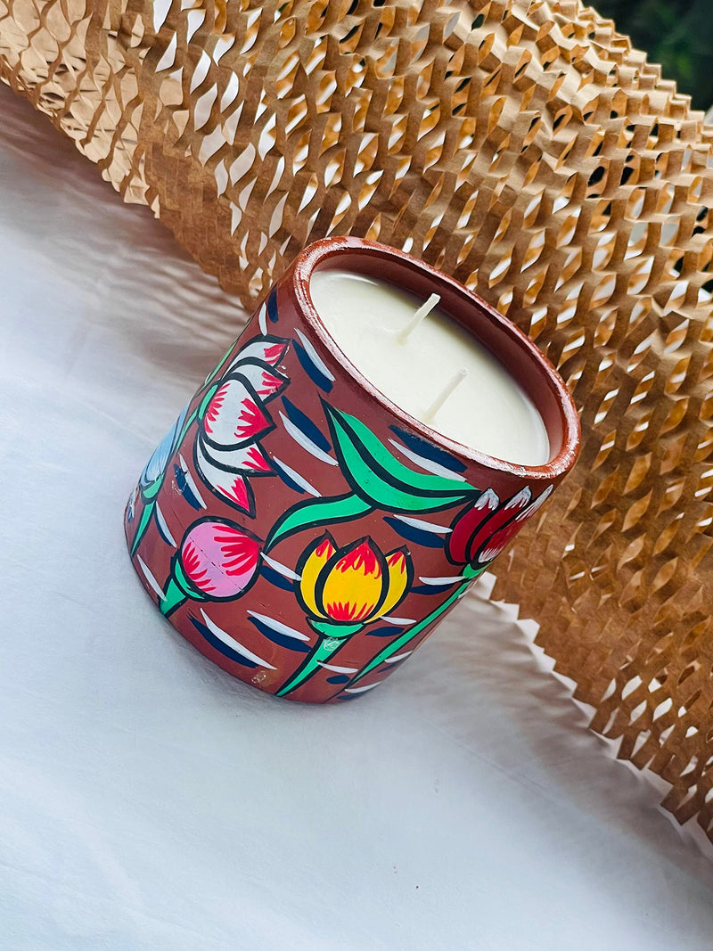 Alokya - Misht - 1 Double Wick Scented Candle in Terracotta Jar with Pattachitra Folk Art