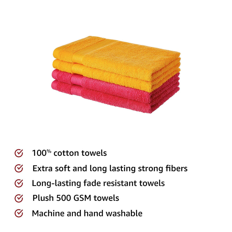 Amazon Brand - Solimo 100% Cotton 4 Piece Hand Towel Set, 500 GSM (Paradise Pink and Sunshine Yellow)