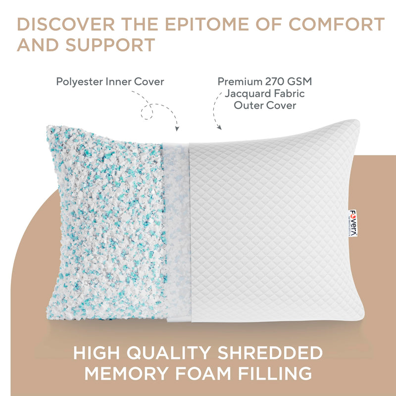 FOVERA Shredded Memory Foam Customizable Pillow, Height Adjustable Pillow for Sleeping - Memory Foam Pillow with Washable Cover (22 x 14 x 4 Inch, Pack of 1)