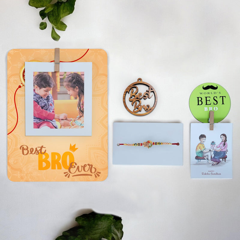 Art Street Rakhi Gift Hamper Combo Set-One 6x8 Inch Photo Clip Frame With Peacock Rakhi for Brother, Best Bro Keychain, Happy Raksha Bandhan, One Photo Clip Best Brother Fridge Magnet