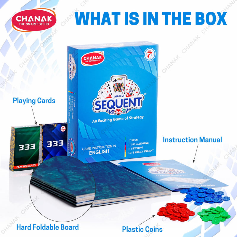 Chanak Make A Sequent Board Game, Sequence Board Game, Strategy & Logic Challenging Game with Foldable Board, Plastic Chips & Cards, for Kids Above 7 Years (BIS Approved).