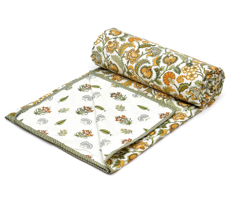 Craftino Cotton Yellow Floral Design Reversible AC Blanket / Dohar (Single)