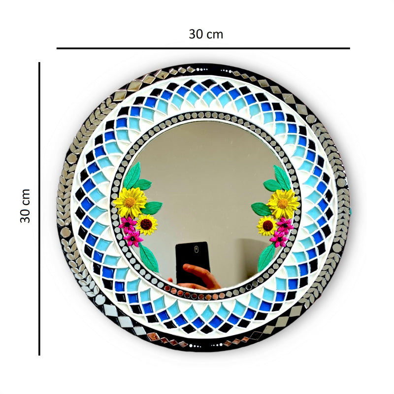 Unique Lippan Art - Mirror & Flowers Round Design, Handmade Home Decoration (Round - 30 cm diameter) (Glam, Floral, Medium)