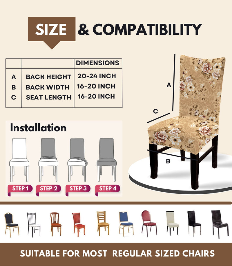 BRIDA® Stretchable Floral Printed Dining Chair Covers Elastic Chair Seat Case Protector, Slipcover Set of 6 Seater (6 Chair Cover, Beige), Polycotton Spandex