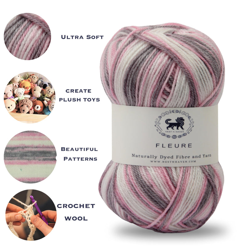 Nestnhaven Acrowools Fleure Hand Knitting and Crochet Yarn. Pack of 1 Ball - 100gms. Shade no - NNHF005 (Pink, White, Gey)