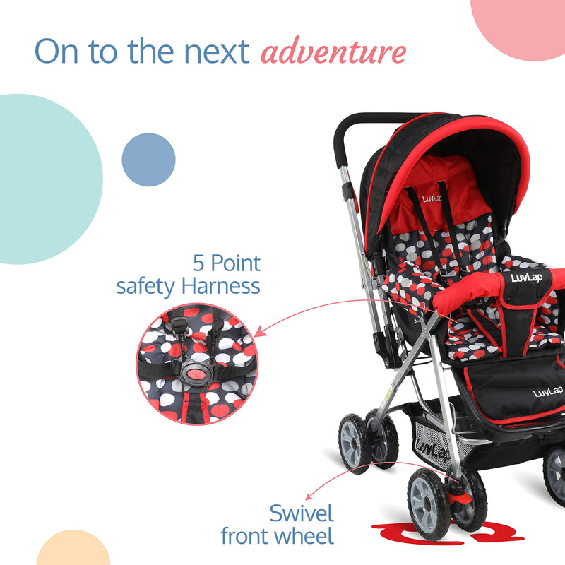 LuvLap Sunshine Baby Stroller/Pram for 0 to 3 Years, New Born/Toddler/Kid, 5 Point Safety Harness, Adjustable backrest, 360° Swivel Wheel, Large Storage Basket, Reversible Handlebar (Red)