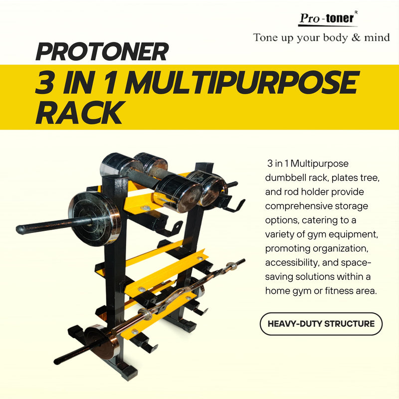 Protoner 3 in 1 Dumbbell Rack, Plate Stand and bar Holder (Black and Yellow)