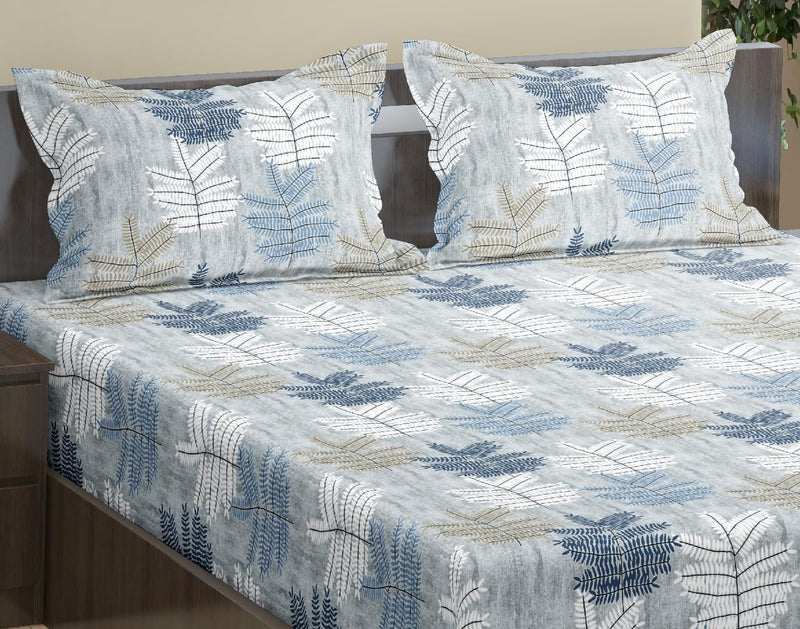 Trance Home Linen 100% Cotton 180Tc 78"X60" Standard Queen Size Elastic Fitted Bedsheet|Printed Queen Bed Size Elasticated Fitted Bedspread With 2 Pillow Covers(Queen 78X60 Inch,Ferns Blue),180 TC