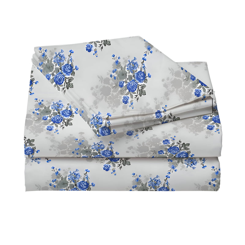 STARNSTYLE Polycotton 220 TC Soft Breathable Wrinklefree Floral Printed Double Bedsheets with 2 Regular Size Pillow Covers White Blue