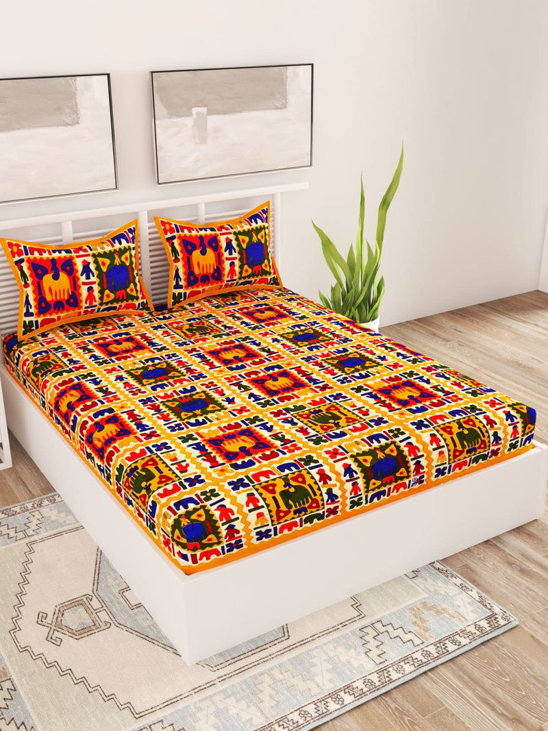 UniqChoice® Yellow Color Rajasthani Traditional Printed 120 TC 100% Cotton Double Bedsheet with 2 Pillow Cover