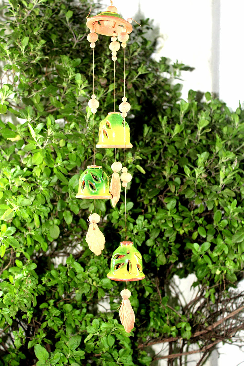 SULFAX Present A Terracotta Ceramic Coated Green Wind Chimes with (Three Bells) of Cap Design Handmade Craft with Melodious Sound Bells. ( Size :- 36 cm Long )