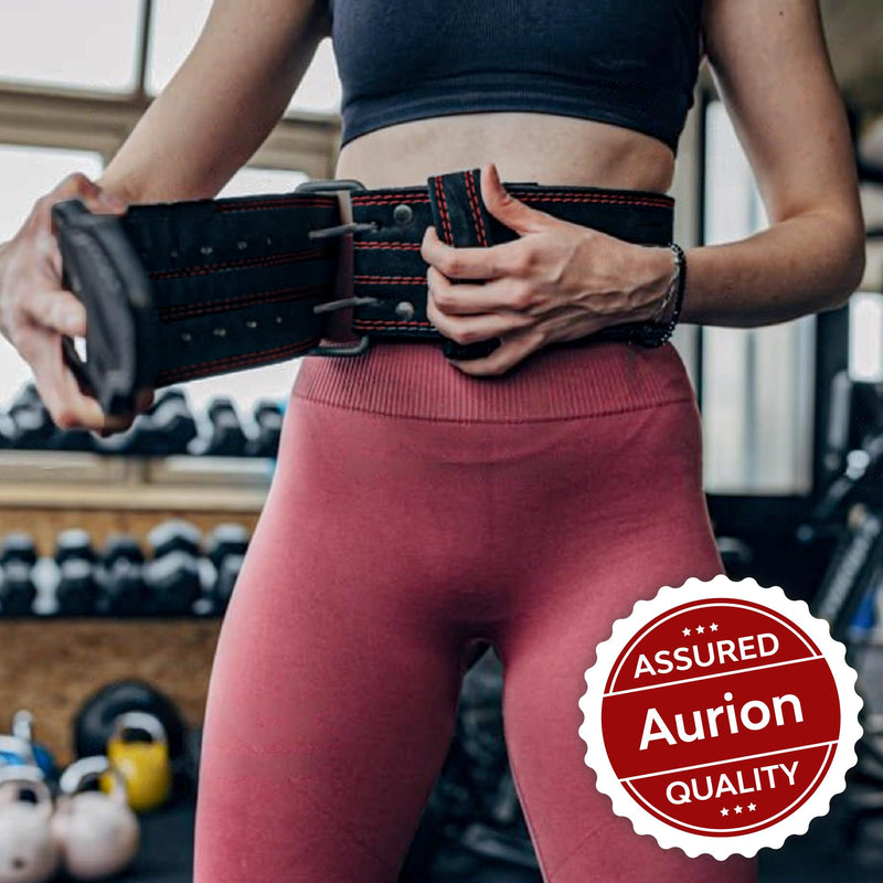 Aurion by 10 club Premium Leather Weight Lifting Belt-Medium | Powerlifting Leather Gym Belt for Workout | Dead Lift Belt - Black