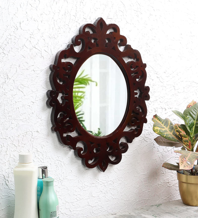 THE URBAN STORE Decorative & Hand Crafted Wooden Wall Mirror in Walnut Finish (45 x 35 cm) B79R