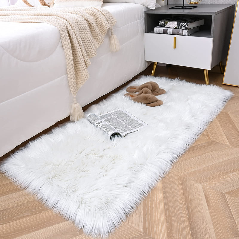 ISEAU Soft Faux Fur Fluffy Area Rug, Luxury Fuzzy Sheepskin Carpet Rugs for Bedroom Living Room, Shaggy Silky Plush Carpet Bedside Rug Floor Mat, 2ft x 3ft, White, Rectangular