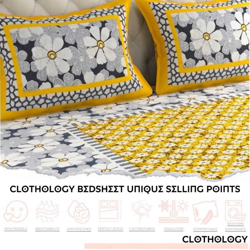 CLOTHOLOGY 144 TC 100% Cotton Double Bed Size/Queen Size Bed Printed Flat Bedsheet with 2 Pillow Covers, (Pack of 1), Popularly Known as (90x100) Bed Sheet Double Bed Cotton