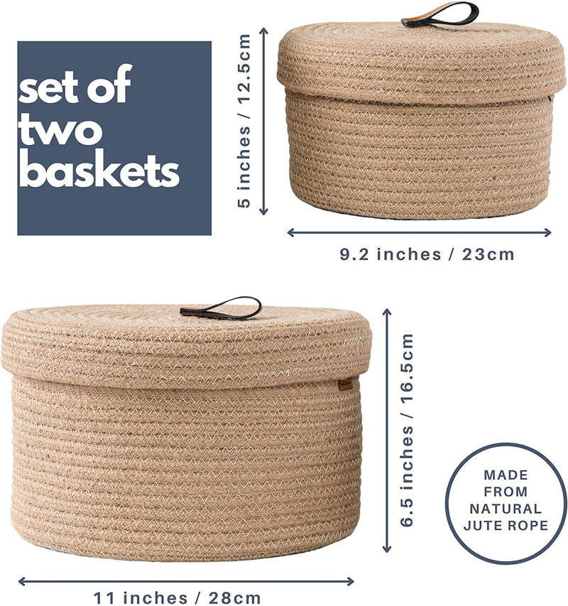 GRATIFY HOME boho round mini rope paper storage jute woven Shelf basket hamper baby nursery tray bucket organizer gifts set of 2 for kids toys,fruits,living room,bathroom,kitchen,office set 2 (Brown)