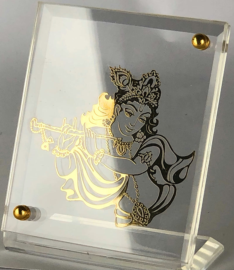 shree kreations Gold Plated Krishna Ji Photo Frame on Acrylic Stand for Car Dashboard, Home, Office Table