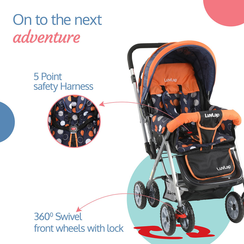 LuvLap Sunshine Baby Stroller/Pram for 0 to 3 Years, New Born/Toddler/Kid, 5 Point Safety Harness, Adjustable backrest, 360° Swivel Wheel, Large Storage Basket, Reversible Handlebar (Orange)