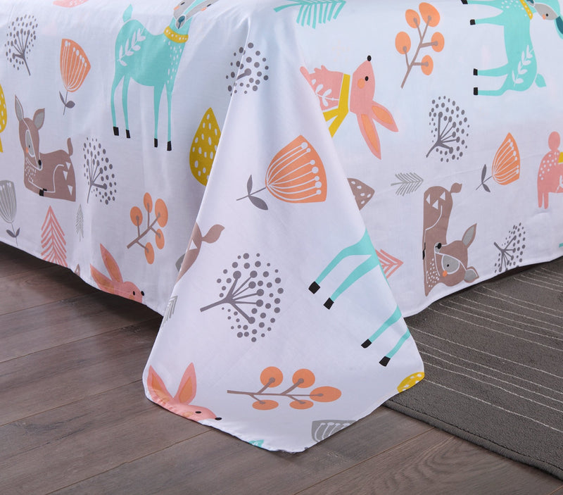 Queen Linens Queen Linens 100% Cotton Sheets Kids Full Sheets for Kids Girls Boys Teens Children Sheets Bed Sheets for Kids Soft Fitted Flat Printed Sheet Pillowcase Bedding Bed Set Animal Deer (Full)