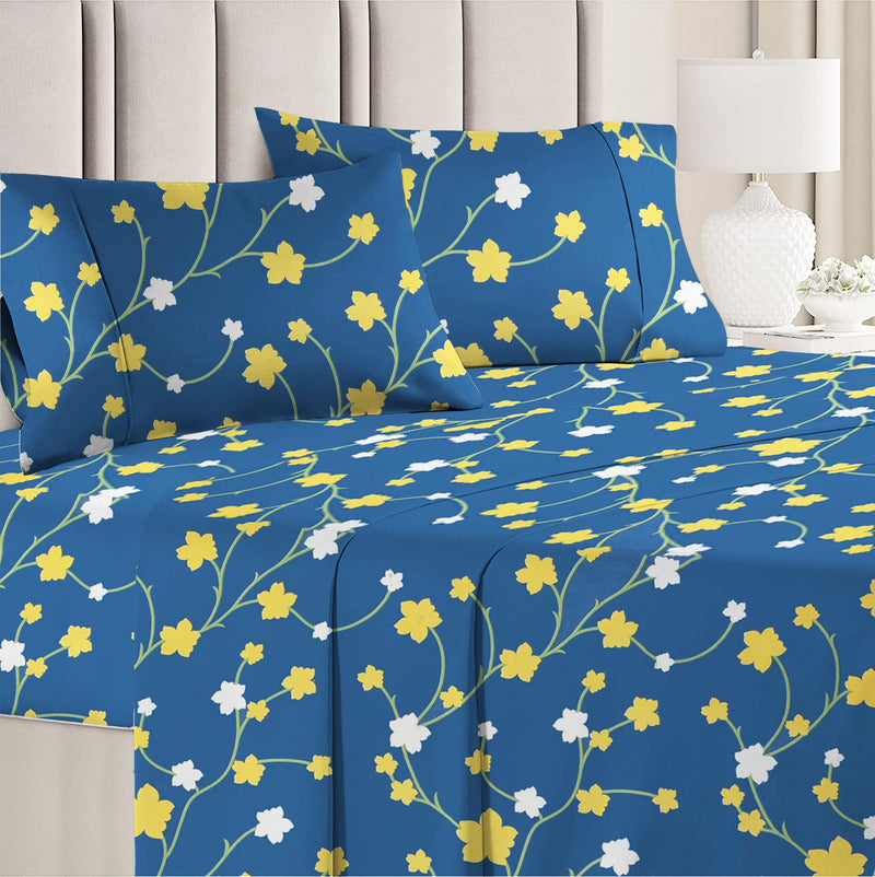 BSB HOME 100% Microfiber Flat Double Bedsheets with 2 Pillow Covers | Double Bed Breathable | Wrinklefree | Ultrasoft 144 TC Supersoft |88" x 88" or 225x228 | Floral- Blue & Yellow